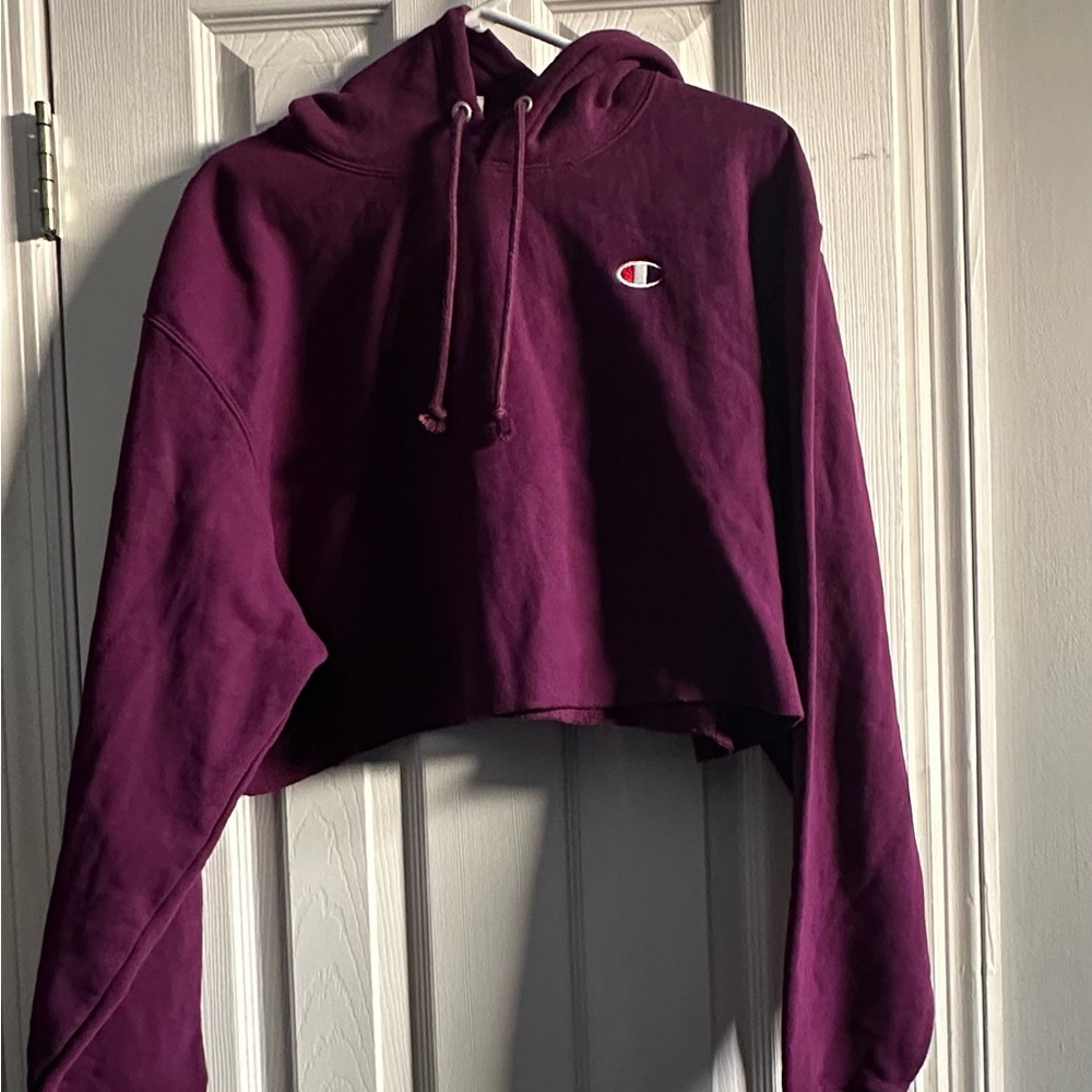 Women's L Purple CHAMPION REVERSE WEAVE Cropped Distressed Hoodie Cotton/Poly